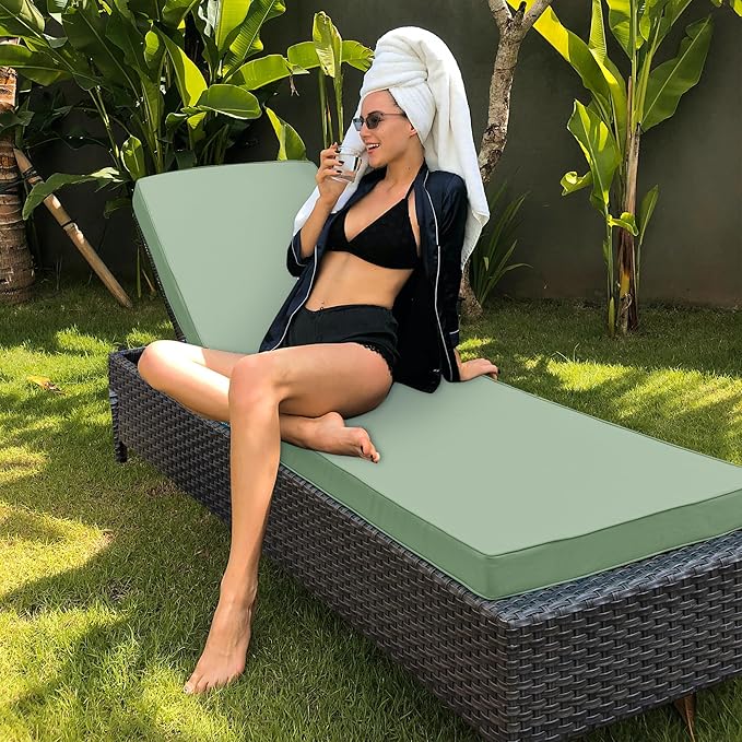 Chaise Lounge Cushion Outdoor, Waterproof and Stain-Resistant Lounge Deck Reclining Chair Cushions for Patio Furniture Lawn Pool Resort Hotel, 72x21x3 Inch, Set of 4, Sage Green