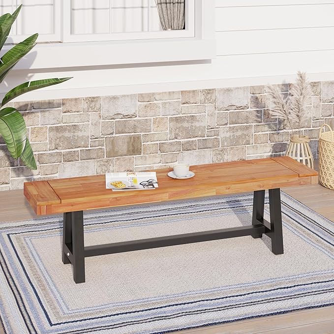 Sophia & William Acacia Wood Patio Dining Set with 1 Table and 2 Benches for 6, Oil Finished Tabletop and Spray Painted Legs, 3 Pieces Patio Dining Furniture for Porch Backyard, Teak and Black