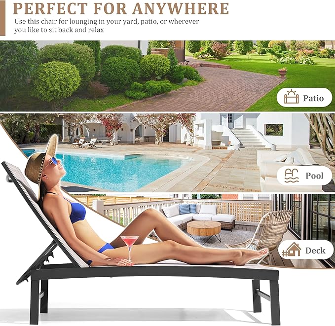 Chaise Lounge Chair, Set of 4 Outdoor Recliner Lounge Chair Sun Loungers, All Weather Chaise with 5 Adjustable Backrest and Lay Flat Positions for Garden, Balcony, Pool, Earth