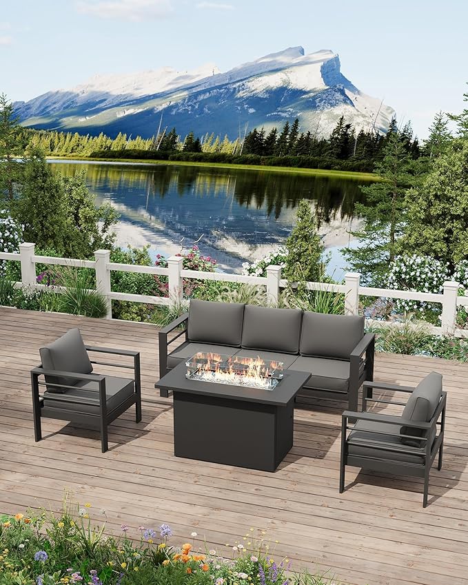 UDPATIO 8 Piece Aluminum Patio Furniture Set with Aluminum Fire Pit Table,Mordern Outdoor Furniture Set with Water-Proof Cover Included, Dark Grey