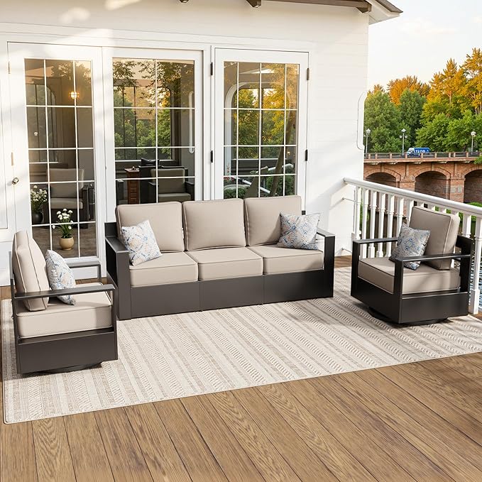 Aluminum Patio 79" Sofa Set with 2 Swivel Rocker Chairs, All Weather Outdoor Conversation Furniture with Metal Armrest & 6" Removable Cushions & Furniture Covers for Deck (Beige)