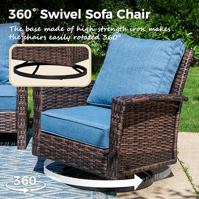 6-Piece Wicker Patio Furniture Set with Swivel Chairs, High Back Outdoor Sofa with 5.5-inch Thick Cushion, All-Weather Wicker Patio Conversation Set for Deck Yard Pool, Navy Blue