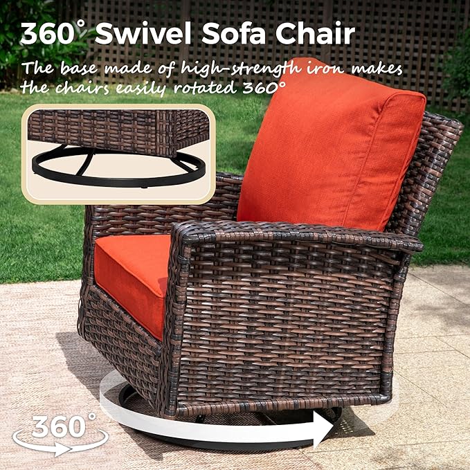 Swivel Patio Wicker Chairs Set of 2, High Back Outdoor Swivel Patio Rattan Chairs with 5.5" Thick Cushions for Bistro Balcony Porch Deck and Yard, Red