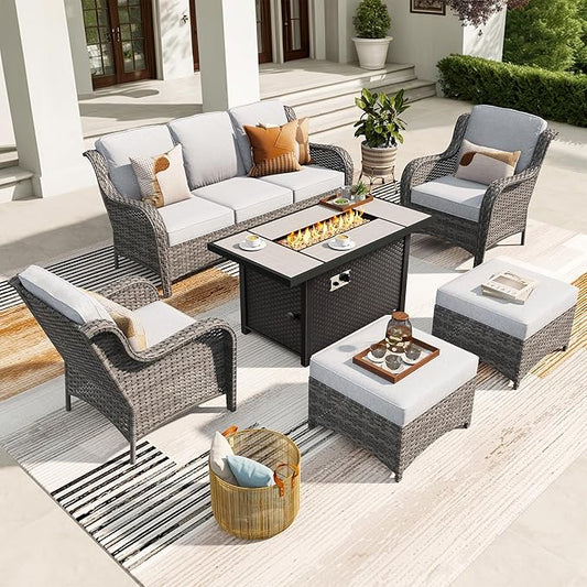 ovios 6-Pieces Patio Furniture Set with 42 Inch Fire Pit Table, Outdoor Wicker Sofa Couch Ottomans Comfy Cushions, High Back Modern Conversation Set, Grey Rattan, Grey