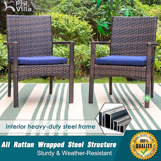 PHI VILLA 5 Piece Patio Dining Table Set for 4, 42” Round Steel Dining Table with Umbrella Hole & 4 Cushioned Wicker Chairs for Outdoor, Deck, Yard, Porch