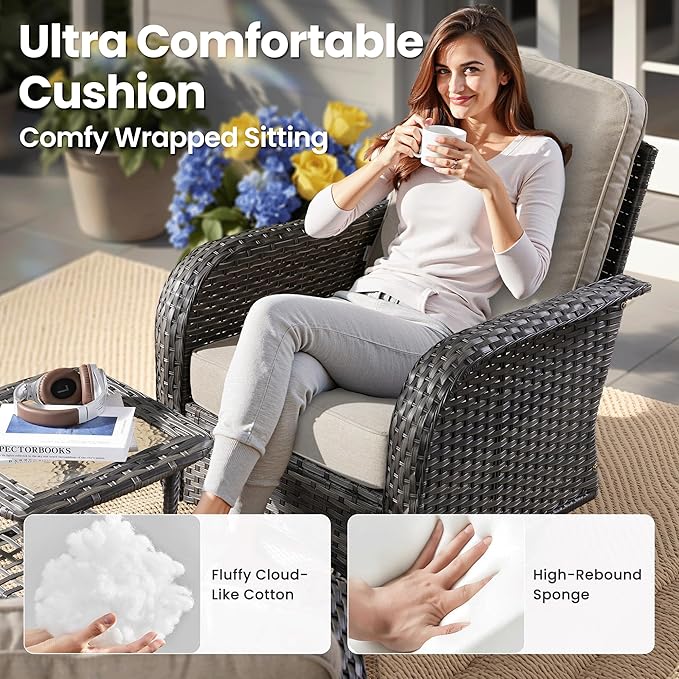 ovios 8 Pieces Patio Furniture Set, Outdoor Wicker Sofa Couch with Rocking Swivel Chairs Solar Lights Table, Modern Deep Seat Rattan Conversation Sets for Porch Deck, Beige