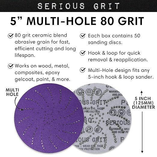 Serious Grit 5-Inch 80 Grit Ceramic Multi-Hole Hook & Loop Sanding Discs - Advanced Grain for Fast Cutting & Long Life - Film-Backed Universal Fit Sandpaper for 5-in Sanders - 50 Pack Box