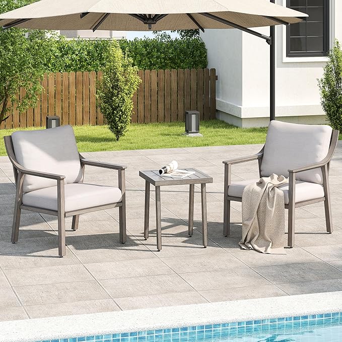 3-Piece Patio Conversation Bistro Sets, Outdoor Aluminum Bistro Sets with Thick Cushion, Modern Side Table and Chairs Set of 2, Rustproof and Waterproof for Porch Deck Garden, Grey