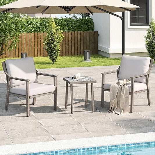 3-Piece Patio Conversation Bistro Sets, Outdoor Aluminum Bistro Sets with Thick Cushion, Modern Side Table and Chairs Set of 2, Rustproof and Waterproof for Porch Deck Garden, Grey