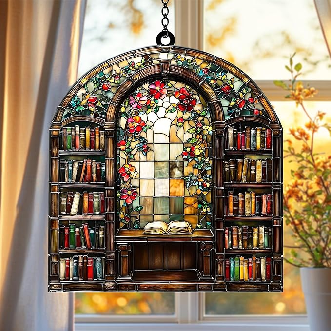 Floral Bookshelf Christmas Ornament Bookish Acrylic Suncatcher Stained Glass Effect Window Hanging for Book Lover Reading Nook Decor Gift for Librarian Readers