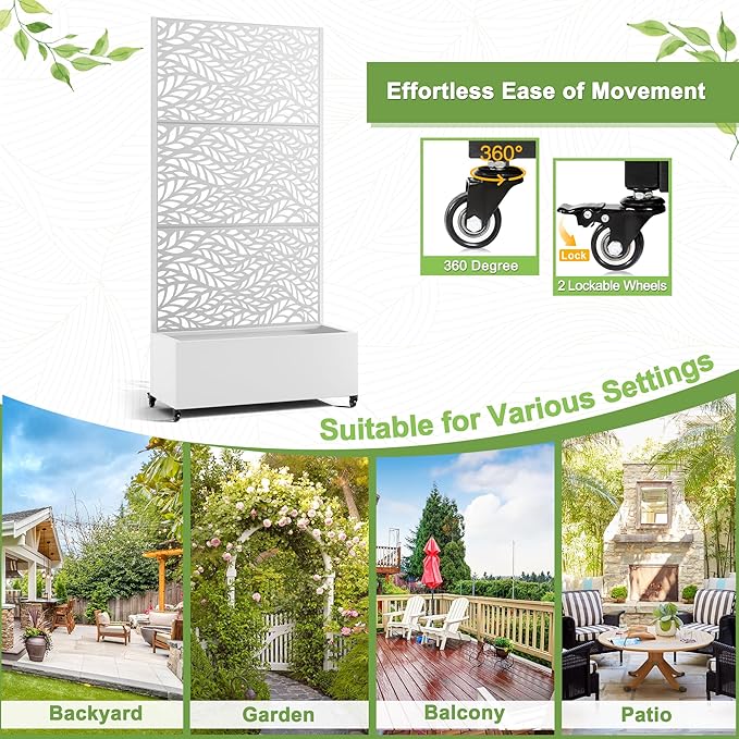 FENCY Metal Raised Garden Bed with Wheels and Trellis,73"x35"x16" Planter Box for Climbing Plants, Vegetables & Vines, Features Privacy Screen and Drainage Holes (White-Leaf)