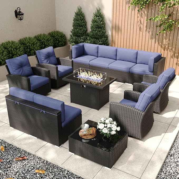 Patio Furniture Set with Fire Pit Table, 12 Pieces Outdoor All-Weather Wicker Conversation Sectional Chair Sofa Set with 4 Swivel Chairs
