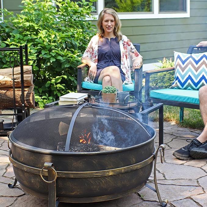 Sunnydaze 34-Inch Large Fire Pit for Outside - Wood-Burning Fire Pit Bowl for Outdoors with Spark Screen, Log Poker, and Grate