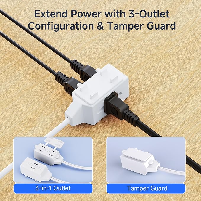 [UL Listed] Cable Matters 2-Pack 16 AWG 2 Prong Short Extension Cord 3 ft, 13A 3-Outlet Extension Cords with Tamper Guard, 13 Amp, 1625 Watts, White