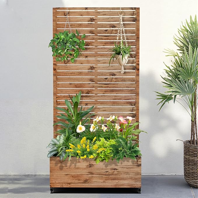 FENCY Metal Raised Garden Bed with Wheels and Trellis,73"x35"x16" Planter Box for Climbing Plants, Vegetables & Vines, Features Privacy Screen and Drainage Holes (Wood Color)