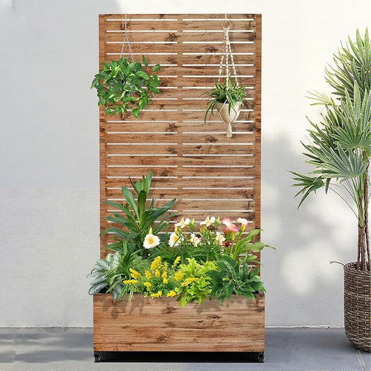 FENCY Metal Raised Garden Bed with Wheels and Trellis,73"x35"x16" Planter Box for Climbing Plants, Vegetables & Vines, Features Privacy Screen and Drainage Holes (Wood Color)