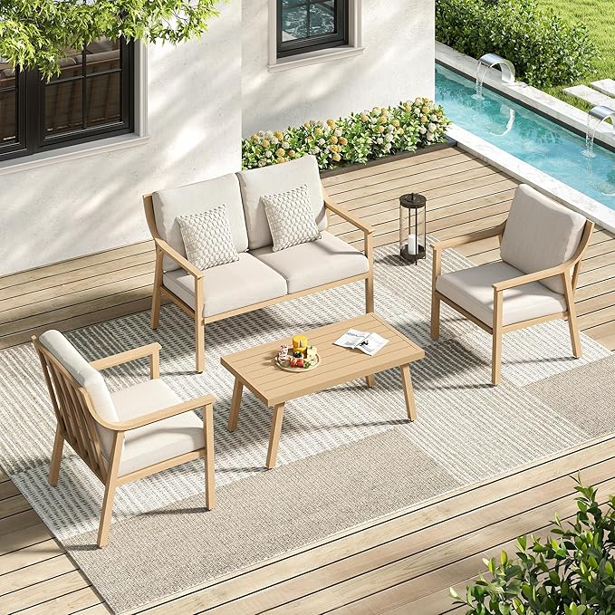 Patio Conversation Sets 4 Pieces - Aluminum Loveseat Outdoor Furniture Sets with Thick Cushion, Coffee Table and Chairs Set of 2, Rustproof and Waterproof for Porch Deck Yard, Beige