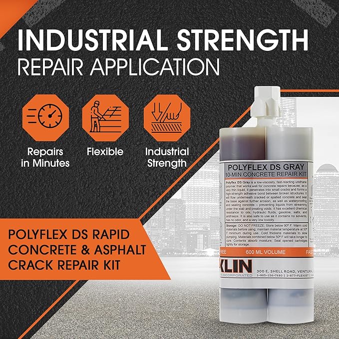 Roklin Systems, Inc. - PolyFlex DS Concrete Crack Filler, Quick-Drying Asphalt Crack Sealer, Floor/Wall Repair Patch Kit Essential, 12-Pack, Gray