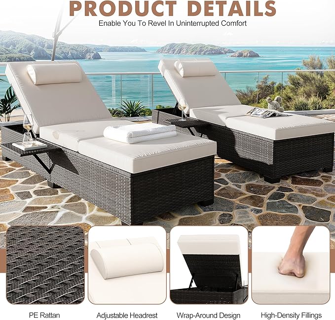 Patio Chaise Lounge Set of 2, Brown Rattan, Adjustable Backrest, Recliners with Beige Cushion