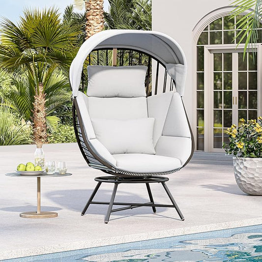 LAUSAINT HOME Oversized 360° Swivel Egg Chair with Cushion & Sunshade Brim, Indoor & Outdoor Egg Chair for Patio, Lounge, Balcony, Grey Cushion & Black Frame