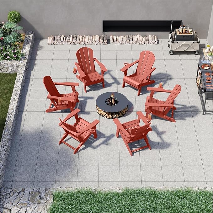 Folding Adirondack Chair Set of 4, HDPE All-Weather Patio Chairs for Outdoor, Patio, Lawn, Garden, Backyard Deck, Fire Pit - Light Red