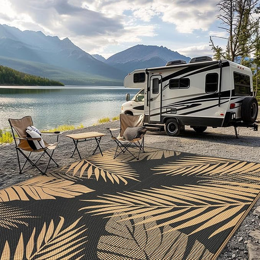 GENIMO 9'x12' Outdoor Rug Waterproof for Patio Decor, Reversible Plastic Straw Rug Carpet, Camping Mats for Outdoor, RV, Backyard, Deck, Balcony, Picnic, Mix Black & Brown