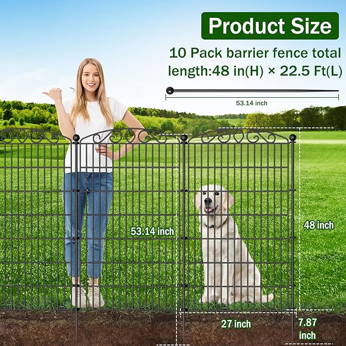10 Panel No Dig Decorative Garden Fence - 48in H x 22.5ft L, Tall Animal Barrier for Dogs Rabbits, Rustproof Metal Wire Panels for Yard, Patio, and Outdoor Border Use