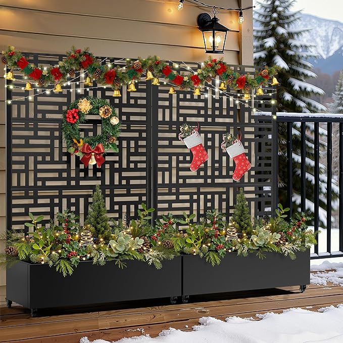 FENCY Metal Raised Garden Bed with Wheels and Trellis,73"x47"x16" Planter Box for Climbing Plants, Vegetables & Vines, Features Privacy Screen and Drainage Holes (Black-Geometric Lattice)