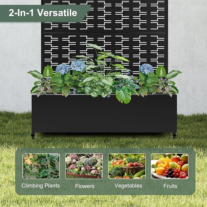 Metal Large Planter Box with Trellis, Raised Garden Beds with Privacy Screen & Wheels for Outdoor Plants, Planter Boxes with Drainage Holes (47" L×16" W×71" H, Black Rectangle)