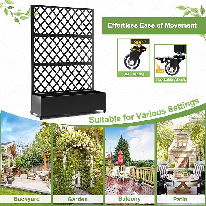 FENCY Metal Planter Box with Diamond Lattice Trellis Planter Box for Climbing Plants/Vines, Galvanized Raised Garden Bed On Wheels, Garden Bed with Trellis(73"x47" Black)