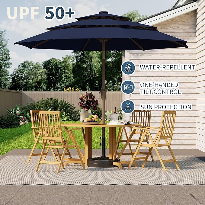 9FT 3 Tiers Patio Umbrella With Auto Tilt And Crank, Outdoor Table Market Umbrella with 8 Sturdy Ribs for Garden, Lawn, Deck, Backyard and Pool, Navy