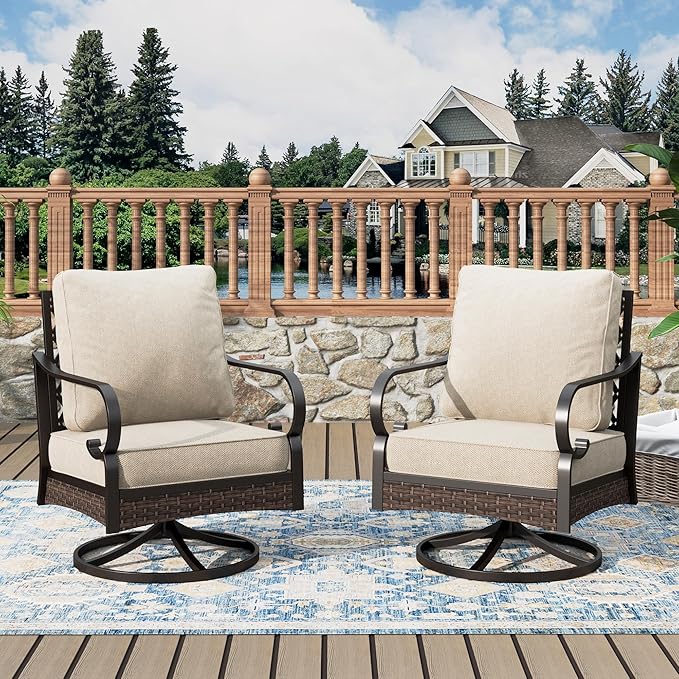 Outdoor Patio Swivel Sofa Chairs Set of 2 Steel Frame Porch Furniture with Deep Seating and 5.75" Cushions for Lawn Backyard Deck, Beige