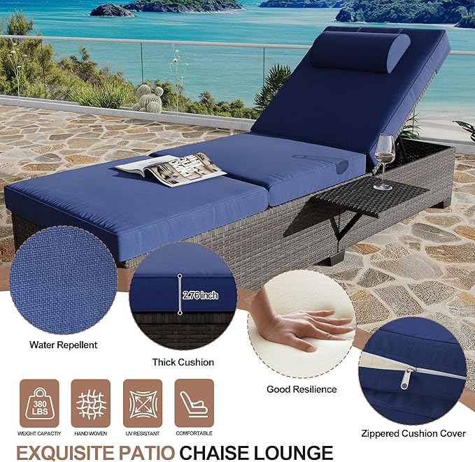 Outdoor PE Wicker Chaise Lounge Chairs, Set of 2, Modern Style, Blue, Rattan & Steel Frame, Adjustable Backrest, Comfortable Cushion & Head Pillow, Side Shelving, Indoor/Outdoor Use