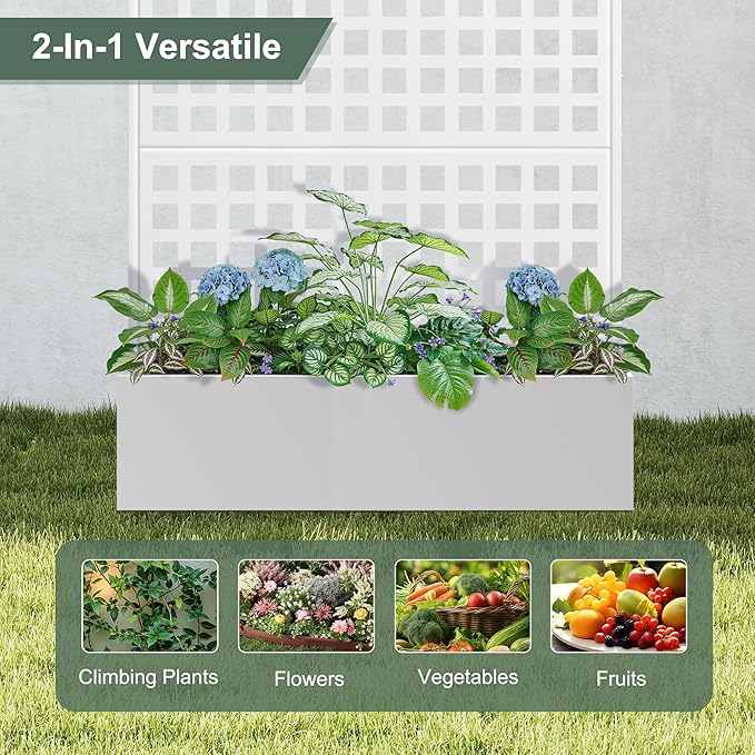 Metal Raised Garden Beds Outdoor with Trellis & Privacy Screen for Outdoor Plants, Planter Box for Climbling Plants, Flowers, Vine, Large Garden Boxes with Drainage Holes (47"L×16"W×71"H, White)