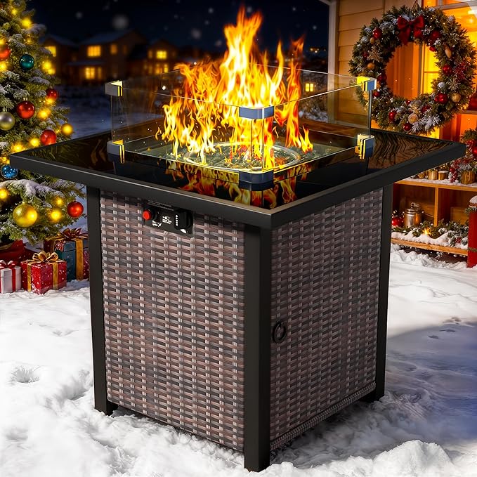 Propane Fire Pit Table, Outdoor Fire Pit Table, 28" Rattan Square Outdoor Gas Fire Pit with Glass Wind Guard, Tempered Glass Tabletop, Lid, CSA Listed, 50,000 BTU for Outside Patio Deck & Garden,Brown