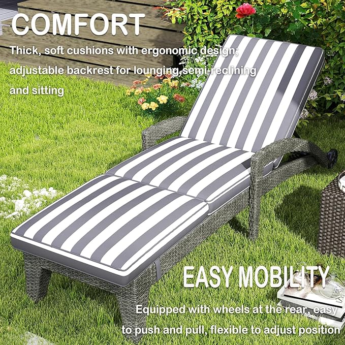 Patio Chaise Lounger Set of 6, Outdoor Lounger Patio Chairs, Heavy Duty Lounge Chairs Outdoor, Chaise Lounges for Resort, Backyard, Deck, Poolside, Garden, Grey Stripe