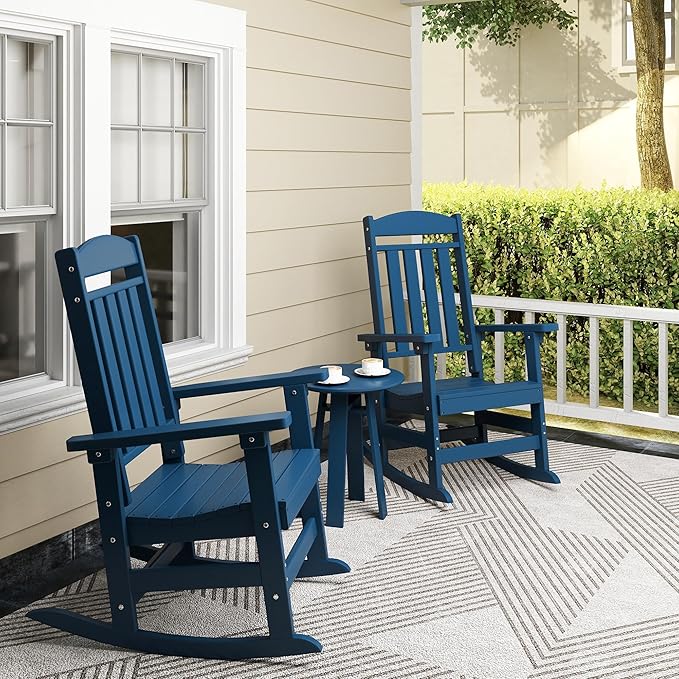 Outdoor Rocking Chairs Set of 8, Oversized High Back Patio Rocking Chairs, All Weather Porch Rocking Chairs for Outside. Navy Blue