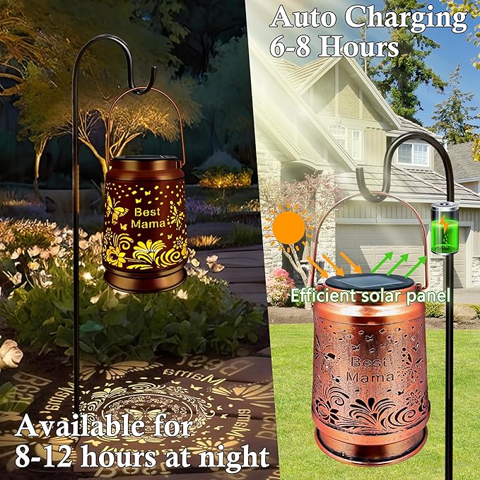KY&BOSAM Solar Butterfly Mama Lanterns Outdoor Waterproof,LED 300 Lumens Metal Hanging Outside Lantern Lights Decorative for Yard Backyard Porch Garden Decorations Birthday Gifts for Women Mom Grandma
