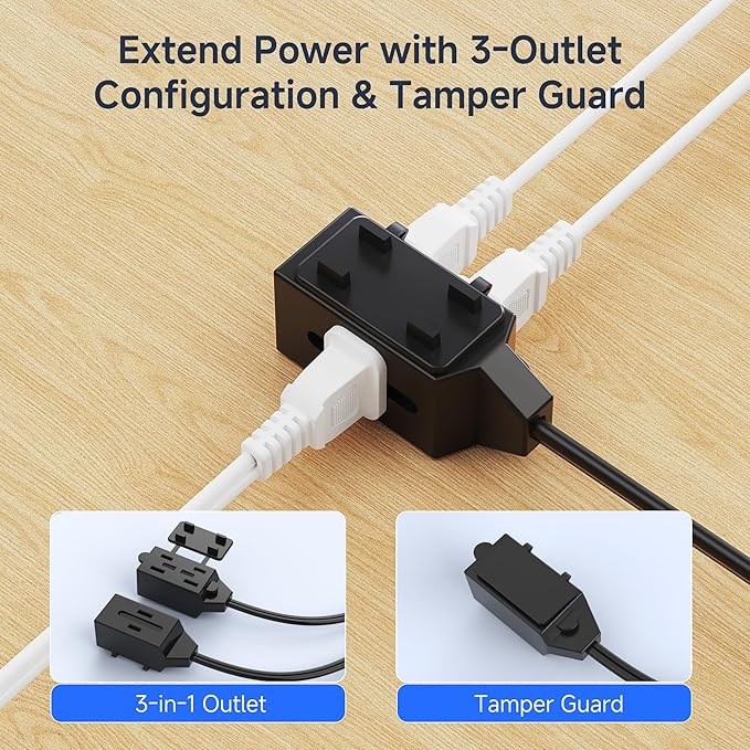 [UL Listed] Cable Matters 2-Pack 16 AWG 2 Prong Short Extension Cord 3 ft, 13A 3-Outlet Extension Cords with Tamper Guard, 13 Amp, 1625 Watts, Black