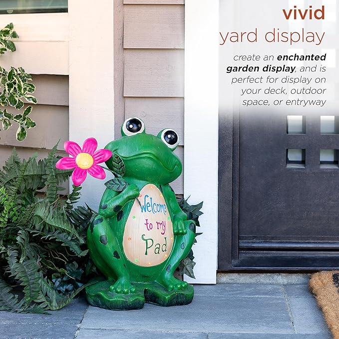 Alpine Corporation 18" Tall Outdoor Frog with Color Changing LED Lights and Welcome Sign Yard Statue