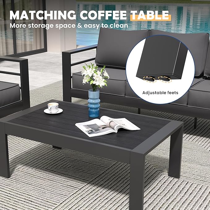 Amopatio Aluminum Patio Furniture Set, 10 Pieces Modern Patio Conversation Sets, Outdoor Sectional Metal Sofa with Coffee Table for Balcony, Garden, Dark Grey (Included Waterproof Covers)