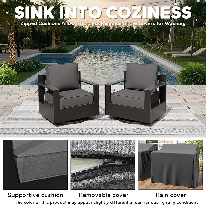 Aluminum Outdoor Swivel Rocker Chairs Set of 2 - All Weather Use Porch Furniture, 2 Pieces 360 Degree Swivel Glider Patio Chairs with 6" Water-Resistant Cushion & Chair Covers (Grey)
