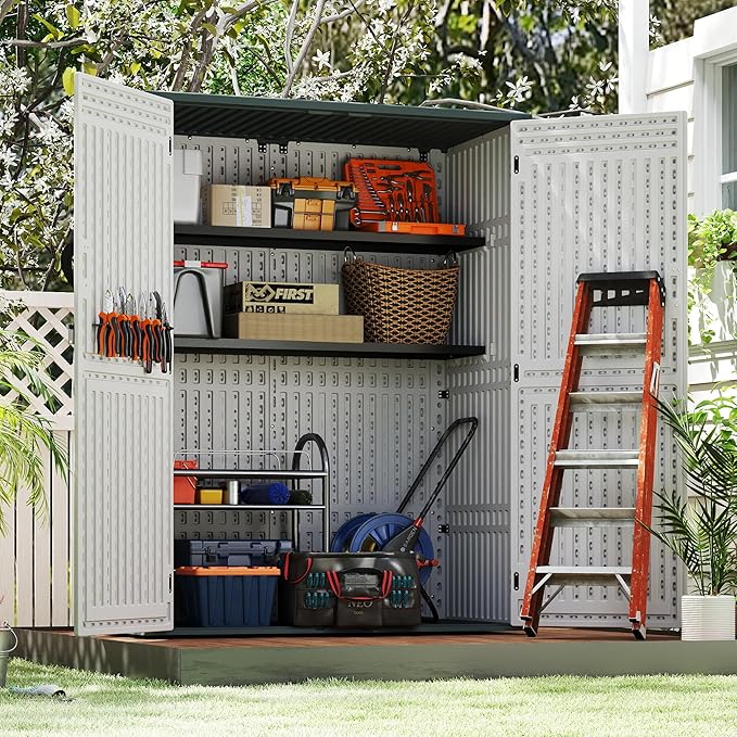 Vertical Resin Storage Shed, 60 Cuft Garden Tool Sheds & Outdoor Storage, Plastic Outdoor Storage Cabinet Waterproof, 4.5 x 2.3 ft Backyard Outside Lawn Mower Storage Shed, Light Grey