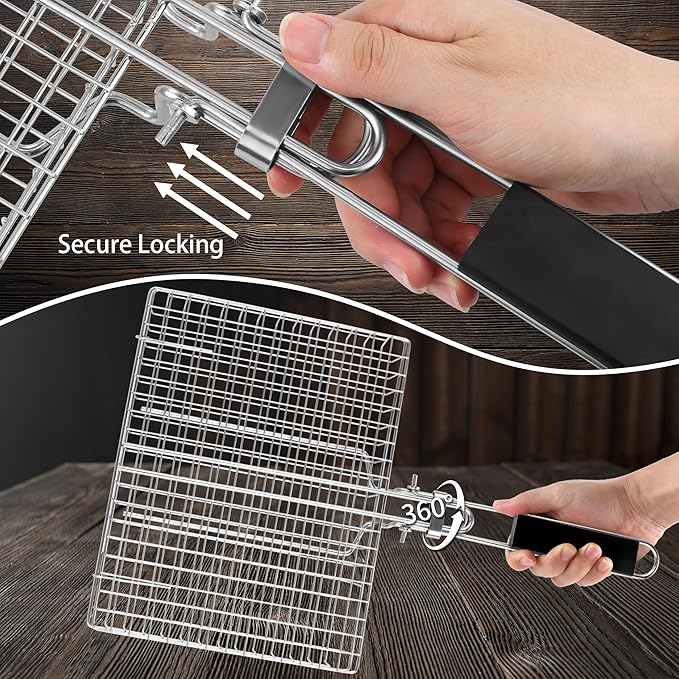 Pleafind Grill Basket Set - 8 PCS, Portable BBQ Grilling Basket with Removable Handle, Stainless Steel Grill Baskets for Outdoor Grill, Includes Silicon Brush, Steel Clip and 4 Skewers