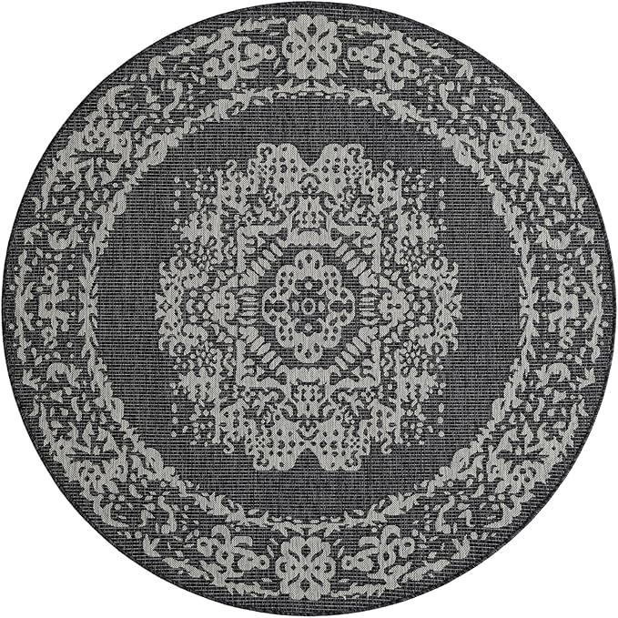 Unique Loom Outdoor Traditional Collection Area Rug - Timeworn (6' 1" Round Charcoal Gray/Gray)
