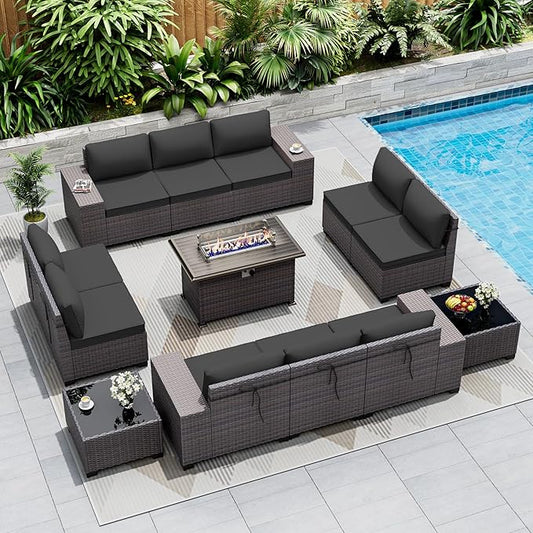 Outdoor Patio Furniture Set with Fire Pit Table, 13 Pieces Outdoor Furniture Set Patio Sectional Set w/43in Propane Fire Pit, PE Wicker Rattan Patio Conversation Sets - Black.