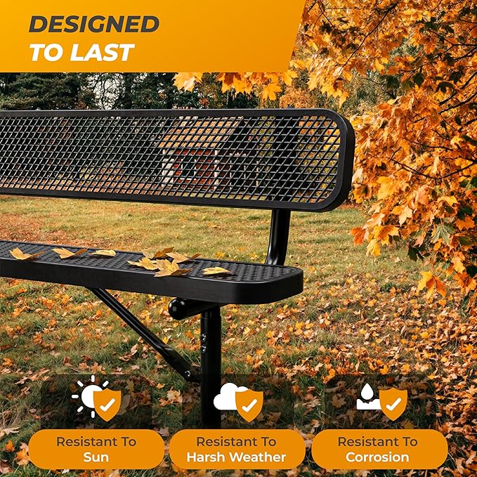 Heavy-Duty Outdoor Metal Bench, Thermoplastic-Coated, Inground, Weatherproof, Commercial-Grade for Parks, Gardens, Patios, Stores & More (6 Ft - Inground with Back, Black)