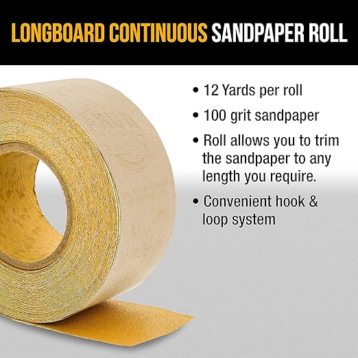 Dura-Gold Premium - 100 Grit Gold - Hook & Loop Backing Longboard Continuous Sandpaper Roll, 2-3/4" Wide, 12 Yards Long - For Automotive & Woodworking Air File Long Board Sanders, Hand Sanding Blocks