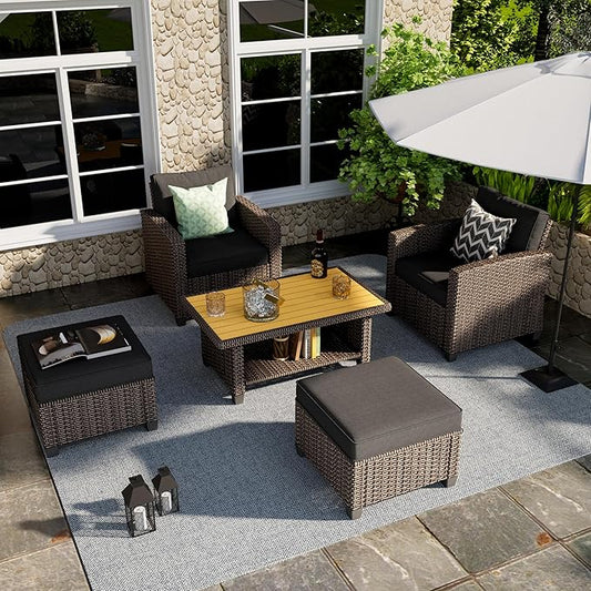 Outdoor Patio Sectional Sofa Set, 4-Piece Rattan Furniture, Patio Conversation Sets with Fire Pit, Swivel Sofa, Seats 2, Dark Grey
