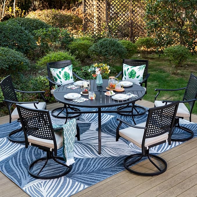 MFSTUDIO Round Patio Dining Set for 6, Outdoor Furniture Set with 54" Round Table and 6 Swivel Chairs Set for Deck, Backyard, Lawn, Garden